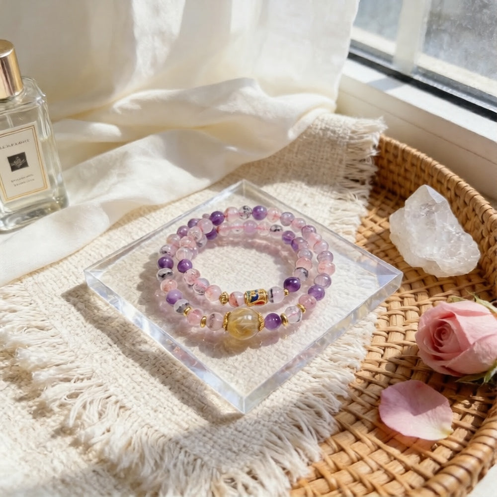 044 "Quiet Luxury" Natural Crystal Bracelet ✨ French Vintage Aesthetic for Positivity - Dainty Spiritual Manifestation Jewelry