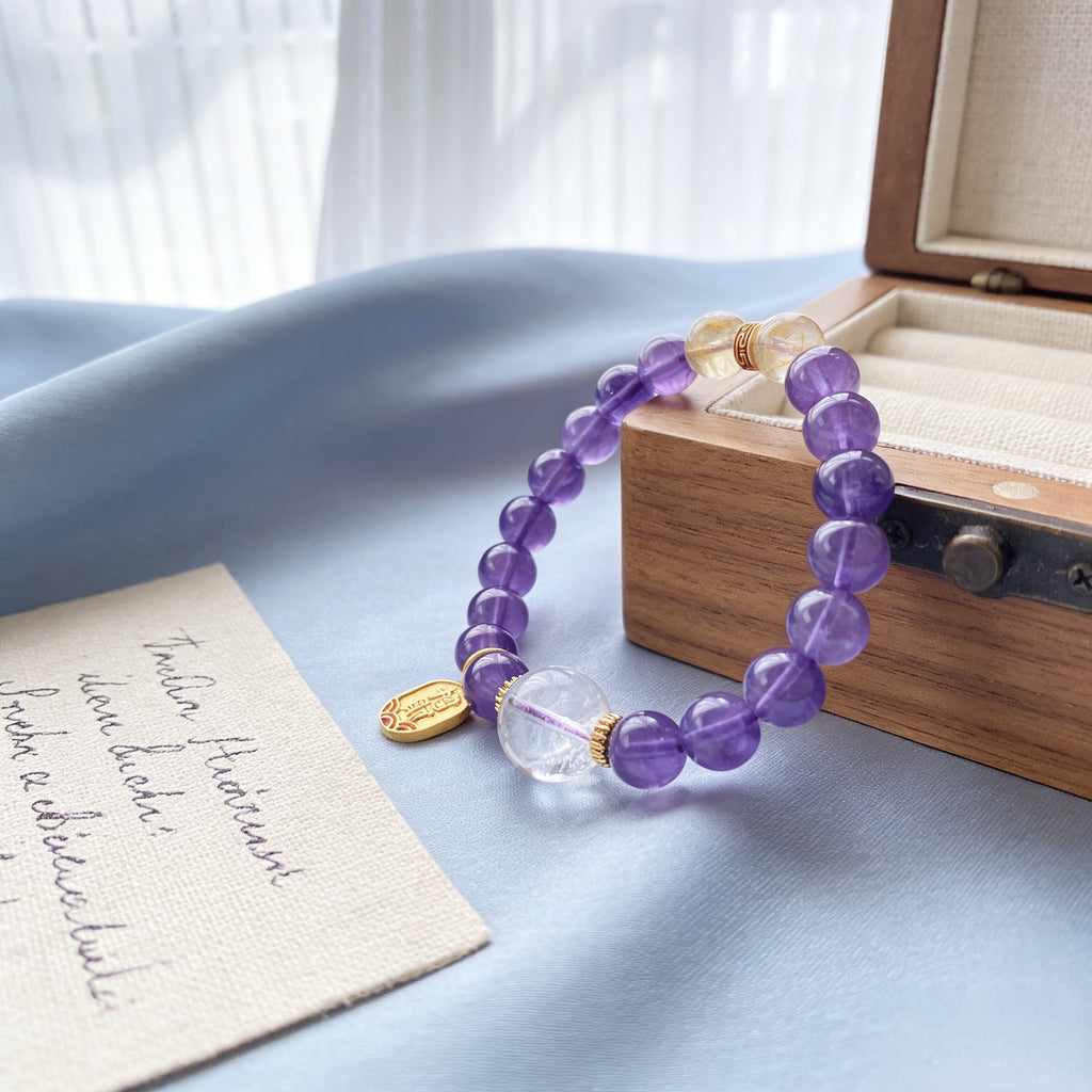 041 "Quiet Luxury" Amethyst Crystal Bracelet ✨ French Vintage Aesthetic for Wealth & Abundance - Dainty Manifestation Jewelry