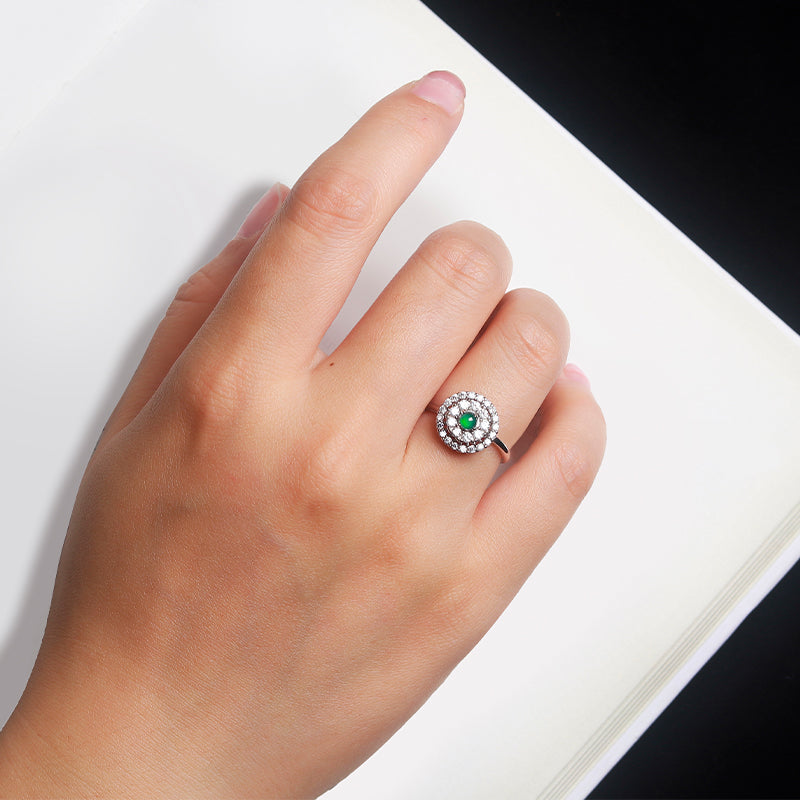 Luxury Jadeite Green Gemstone Ring with Double Halo Zircon Setting – Adjustable Silver Band
