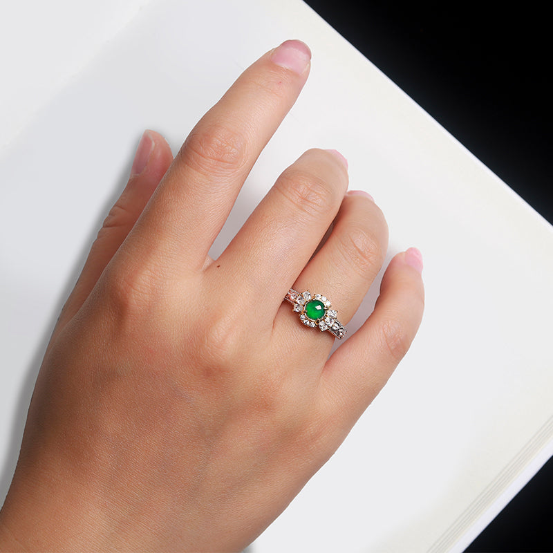 Luxury Jadeite Green Gemstone Ring with Diamond Accents | Elegant Silver/Gold-Plated Setting