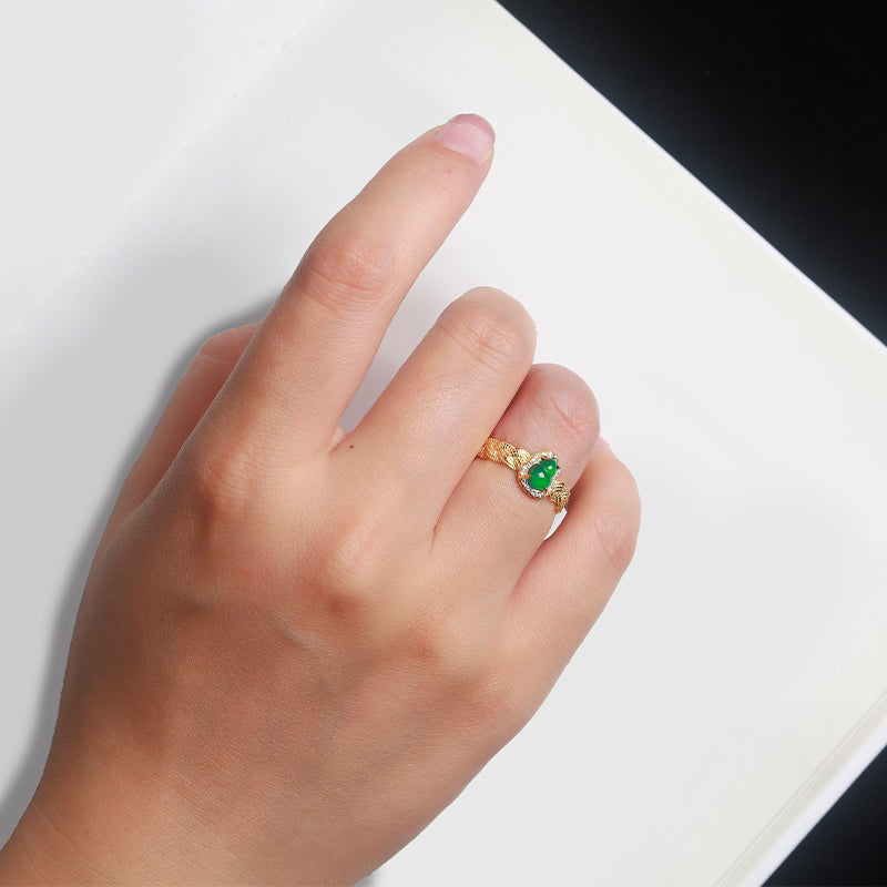 18K Gold-Plated Jadeite Gourd Ring with Diamonds – Luxury Green Jade Jewelry for Prosperity & Elegance