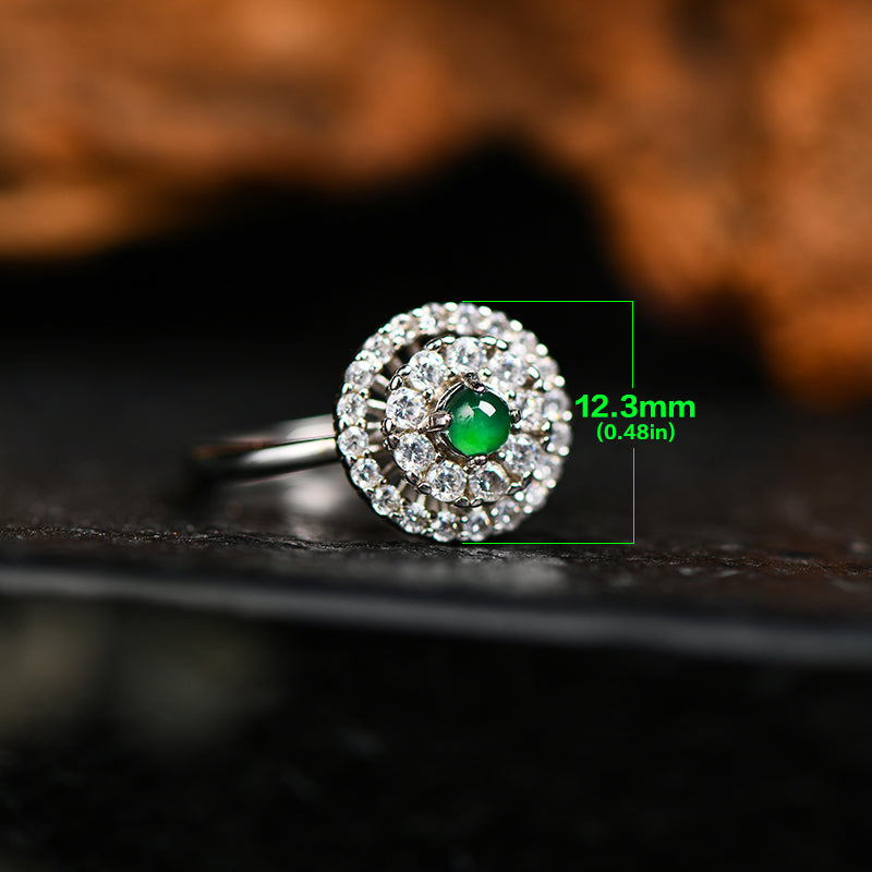 Luxury Jadeite Green Gemstone Ring with Double Halo Zircon Setting – Adjustable Silver Band