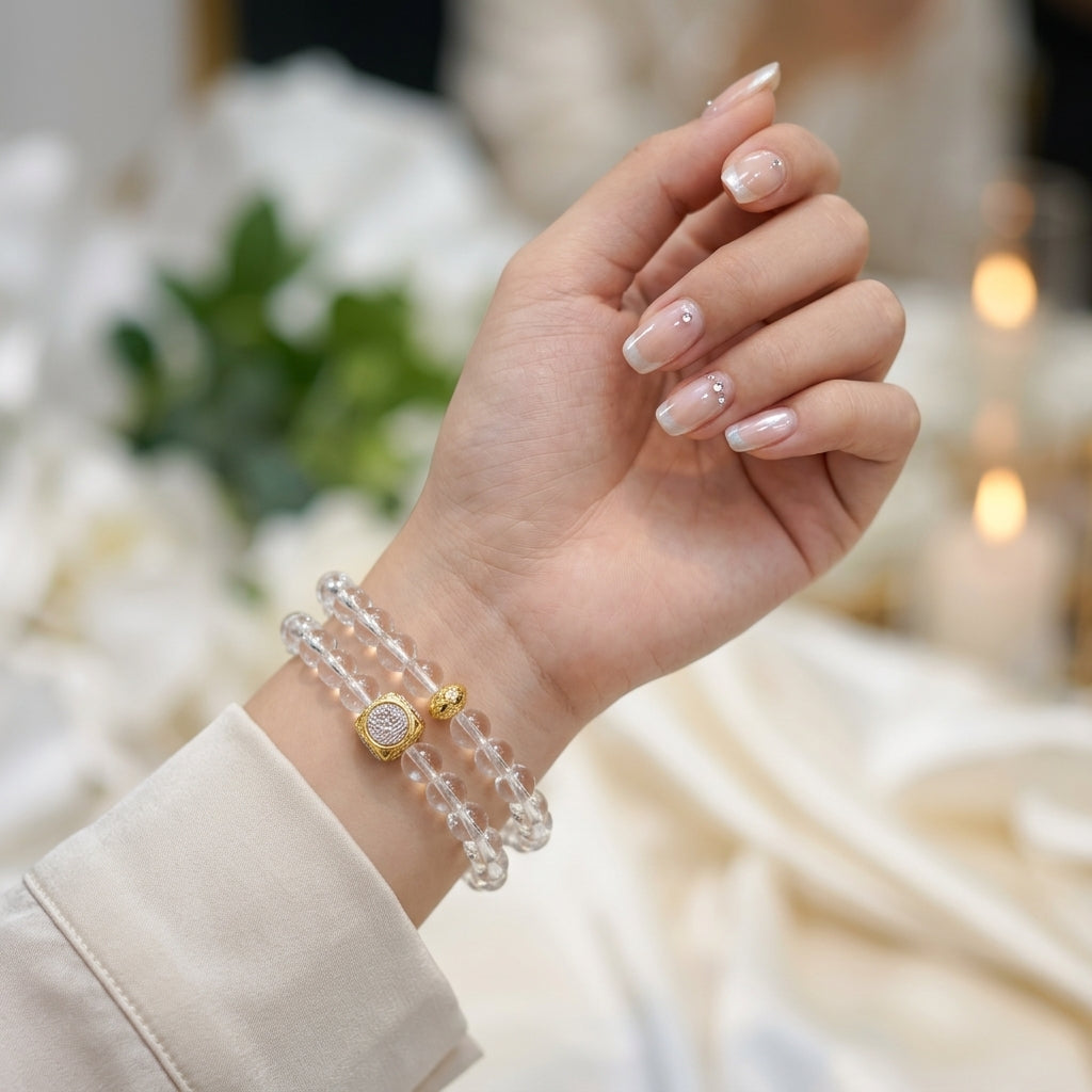 013 Sparkly Clear Quartz Beaded Bracelet ✨ Summer Vibes Energy Stone for Positivity - Minimalist Crystal Jewelry Gift for Her
