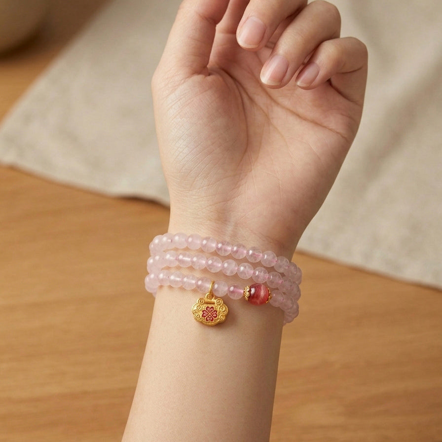 004 Healing Rose Quartz 3-Row Bracelet - Manifesting Love & Good Luck - Lotus Charm Gemstone Jewelry for Inner Peace - Natural Stone Manifestation Beads