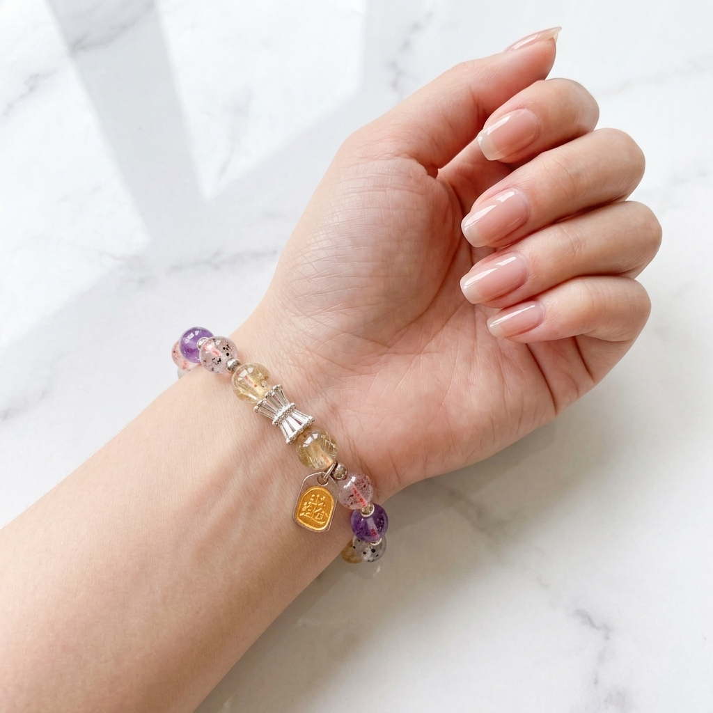 Z002 Natural Gemstone Bracelet with Gold Charm – Handmade Crystal Bead Bracelet for Everyday Wear