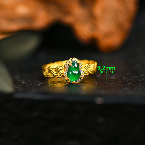 18K Gold-Plated Jadeite Gourd Ring with Diamonds – Luxury Green Jade Jewelry for Prosperity & Elegance