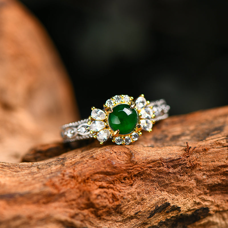 Luxury Jadeite Green Gemstone Ring with Diamond Accents | Elegant Silver/Gold-Plated Setting