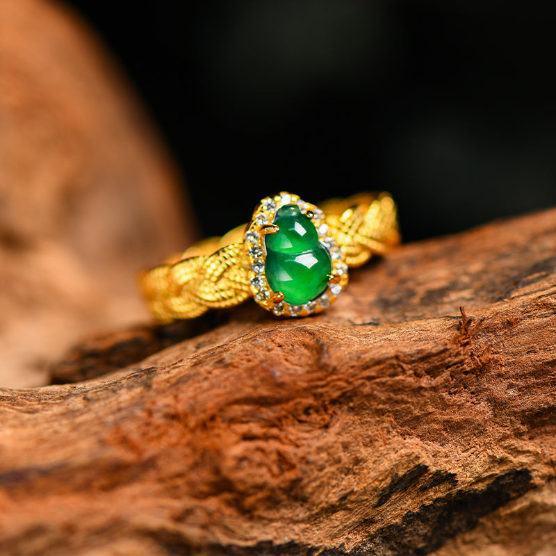 18K Gold-Plated Jadeite Gourd Ring with Diamonds – Luxury Green Jade Jewelry for Prosperity & Elegance