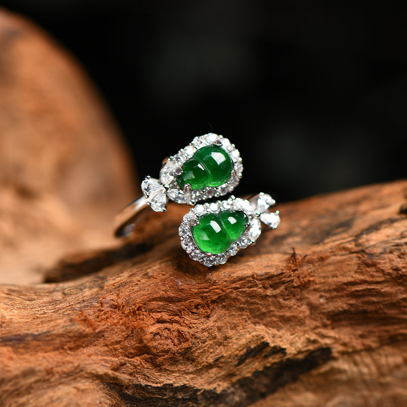 925 Sterling Silver Jadeite Gourd Ring – Lucky Chinese Jade Jewelry for Prosperity & Protection