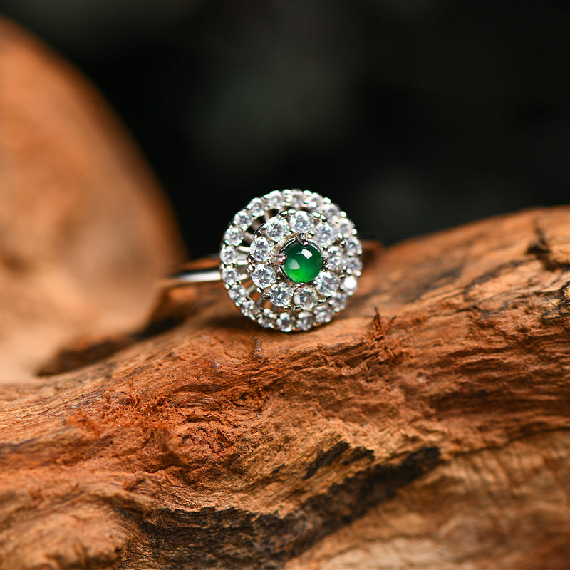 Luxury Jadeite Green Gemstone Ring with Double Halo Zircon Setting – Adjustable Silver Band