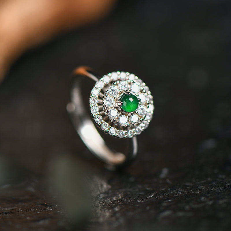 Luxury Jadeite Green Gemstone Ring with Double Halo Zircon Setting – Adjustable Silver Band