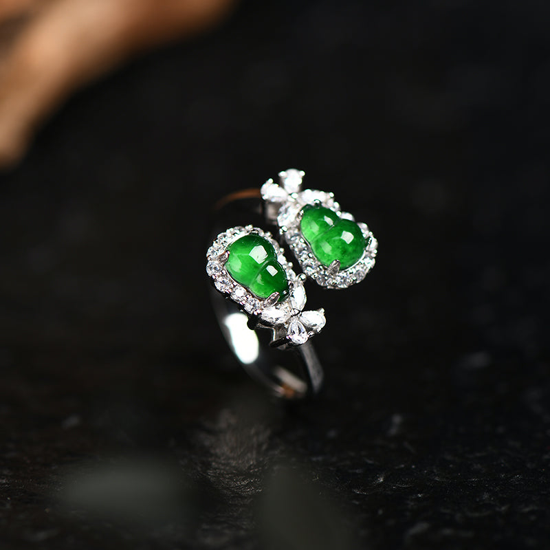 925 Sterling Silver Jadeite Gourd Ring – Lucky Chinese Jade Jewelry for Prosperity & Protection