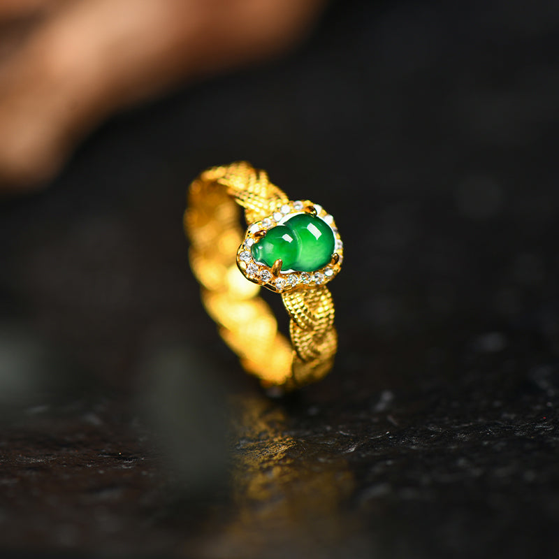 18K Gold-Plated Jadeite Gourd Ring with Diamonds – Luxury Green Jade Jewelry for Prosperity & Elegance