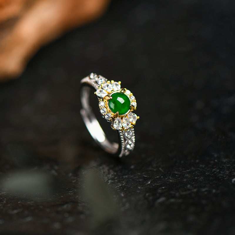 Luxury Jadeite Green Gemstone Ring with Diamond Accents | Elegant Silver/Gold-Plated Setting