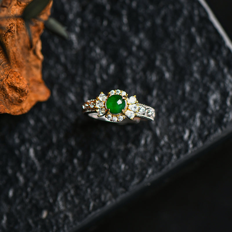 Luxury Jadeite Green Gemstone Ring with Diamond Accents | Elegant Silver/Gold-Plated Setting