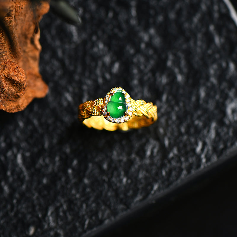 18K Gold-Plated Jadeite Gourd Ring with Diamonds – Luxury Green Jade Jewelry for Prosperity & Elegance