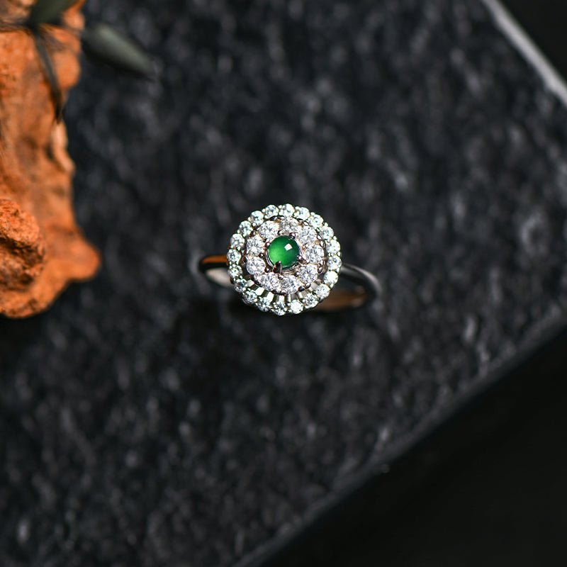 Luxury Jadeite Green Gemstone Ring with Double Halo Zircon Setting – Adjustable Silver Band