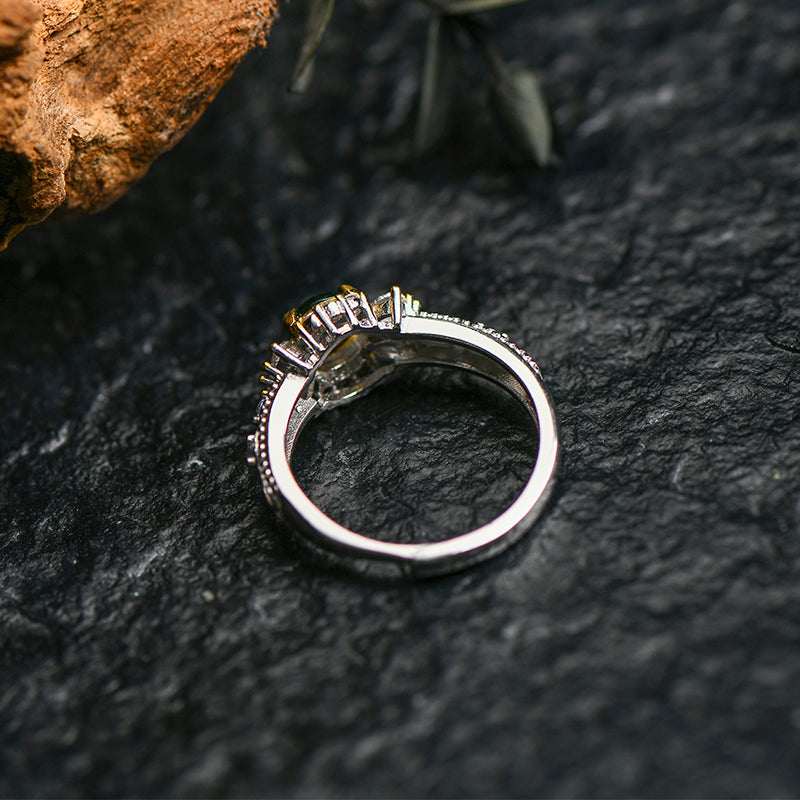 Luxury Jadeite Green Gemstone Ring with Diamond Accents | Elegant Silver/Gold-Plated Setting