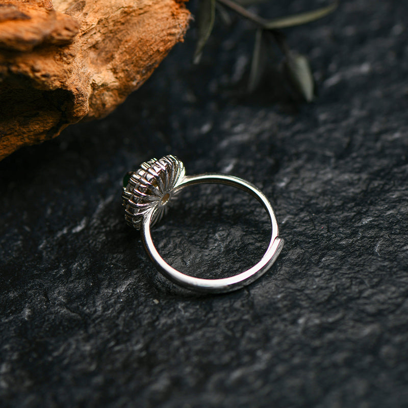 Luxury Jadeite Green Gemstone Ring with Double Halo Zircon Setting – Adjustable Silver Band