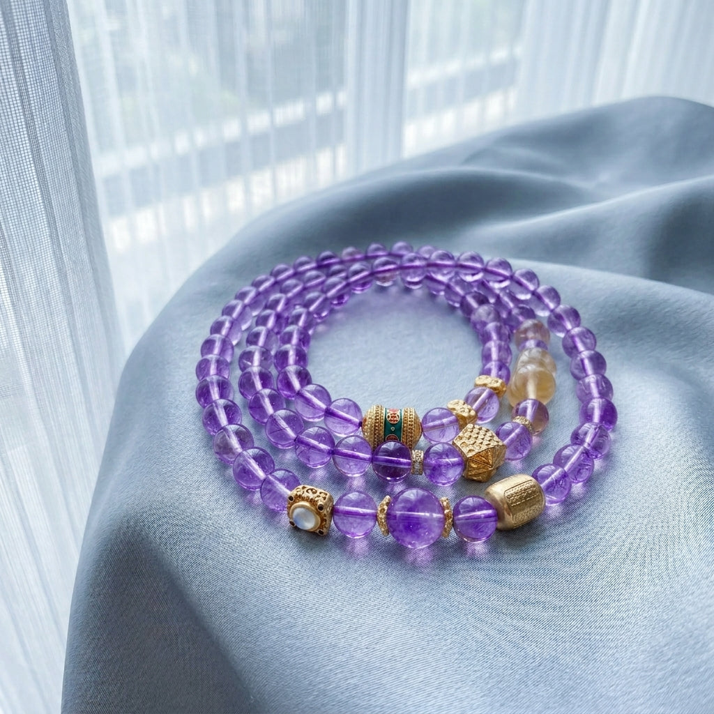 Z012 Aura Cleansing Amethyst Bracelet ✨ Healing Natural Stones for Anxiety Relief, Focus & Calm - Perfect for Cafe Dates & Slow Living