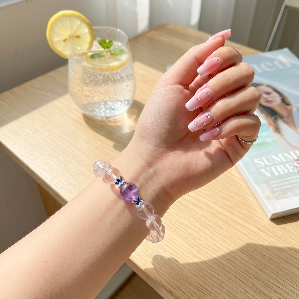 003 Healing Amethyst & Clear Quartz Bracelet - Spiritual Protection & Mind Clarity Jewelry - Natural Gemstone Energy Stones for Peace & Manifestation - Unique Crystal Gift