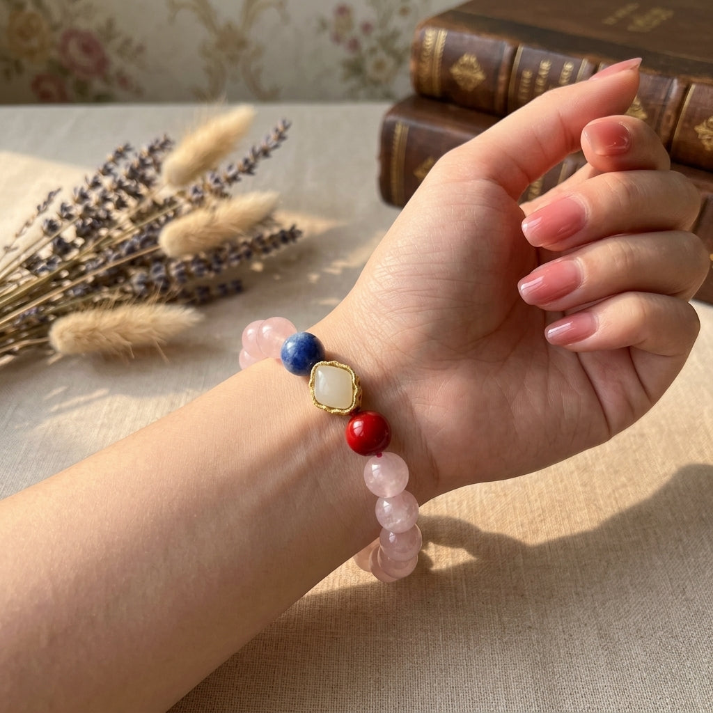 002 Multicolor Crystal Healing Bracelet - Rose Quartz for Love, Lapis Lazuli for Wisdom, Hetian Jade for Protection - Ultimate Energy Balance Jewelry for Her