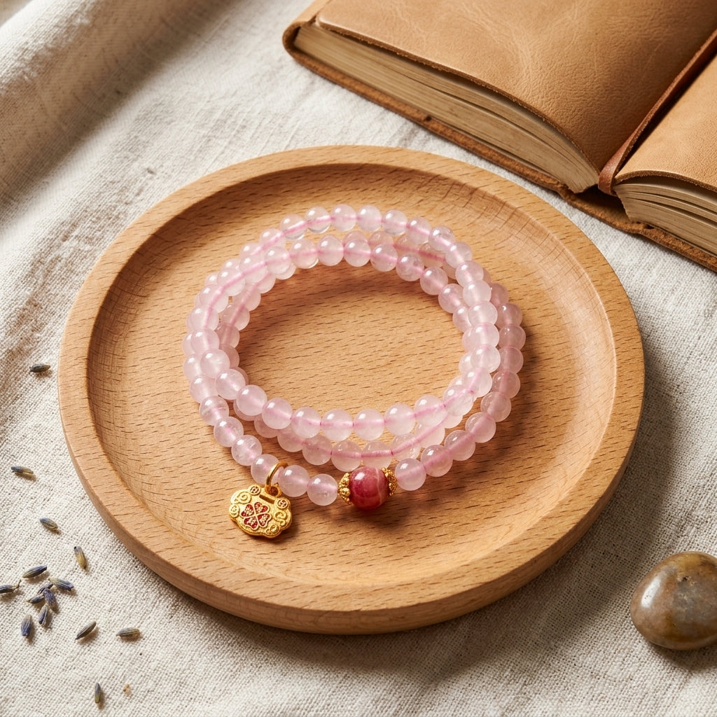 004 Healing Rose Quartz 3-Row Bracelet - Manifesting Love & Good Luck - Lotus Charm Gemstone Jewelry for Inner Peace - Natural Stone Manifestation Beads