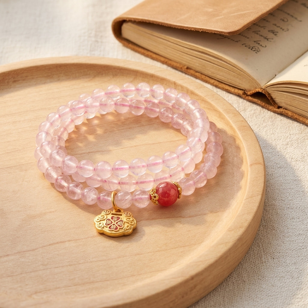 004 Healing Rose Quartz 3-Row Bracelet - Manifesting Love & Good Luck - Lotus Charm Gemstone Jewelry for Inner Peace - Natural Stone Manifestation Beads