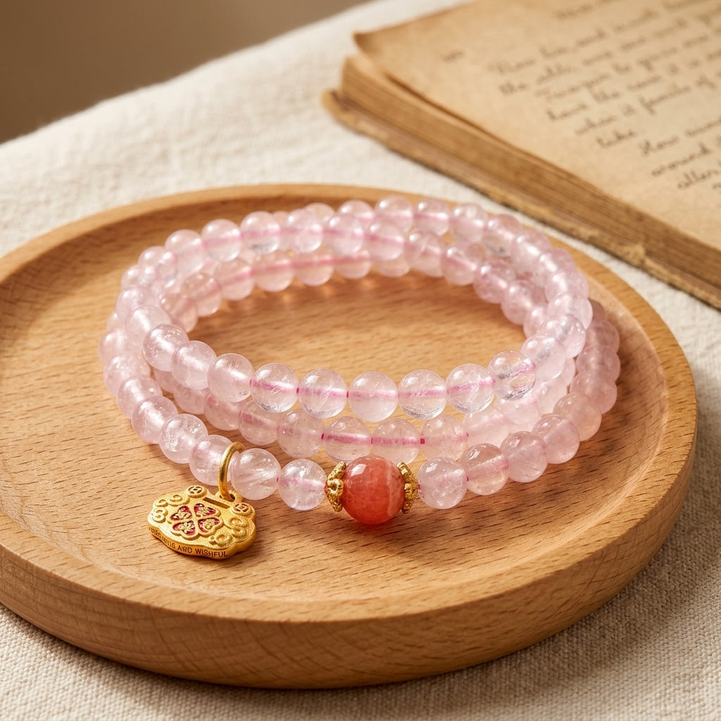 004 Healing Rose Quartz 3-Row Bracelet - Manifesting Love & Good Luck - Lotus Charm Gemstone Jewelry for Inner Peace - Natural Stone Manifestation Beads
