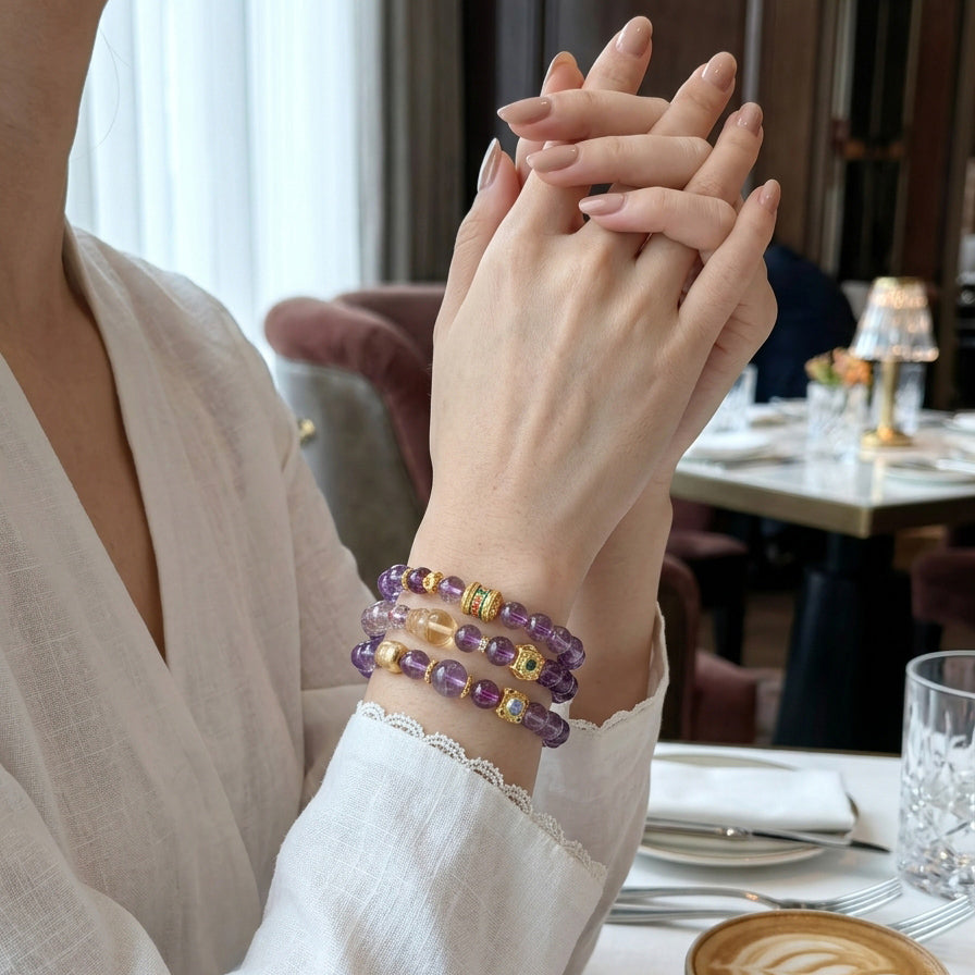 Z012 Aura Cleansing Amethyst Bracelet ✨ Healing Natural Stones for Anxiety Relief, Focus & Calm - Perfect for Cafe Dates & Slow Living