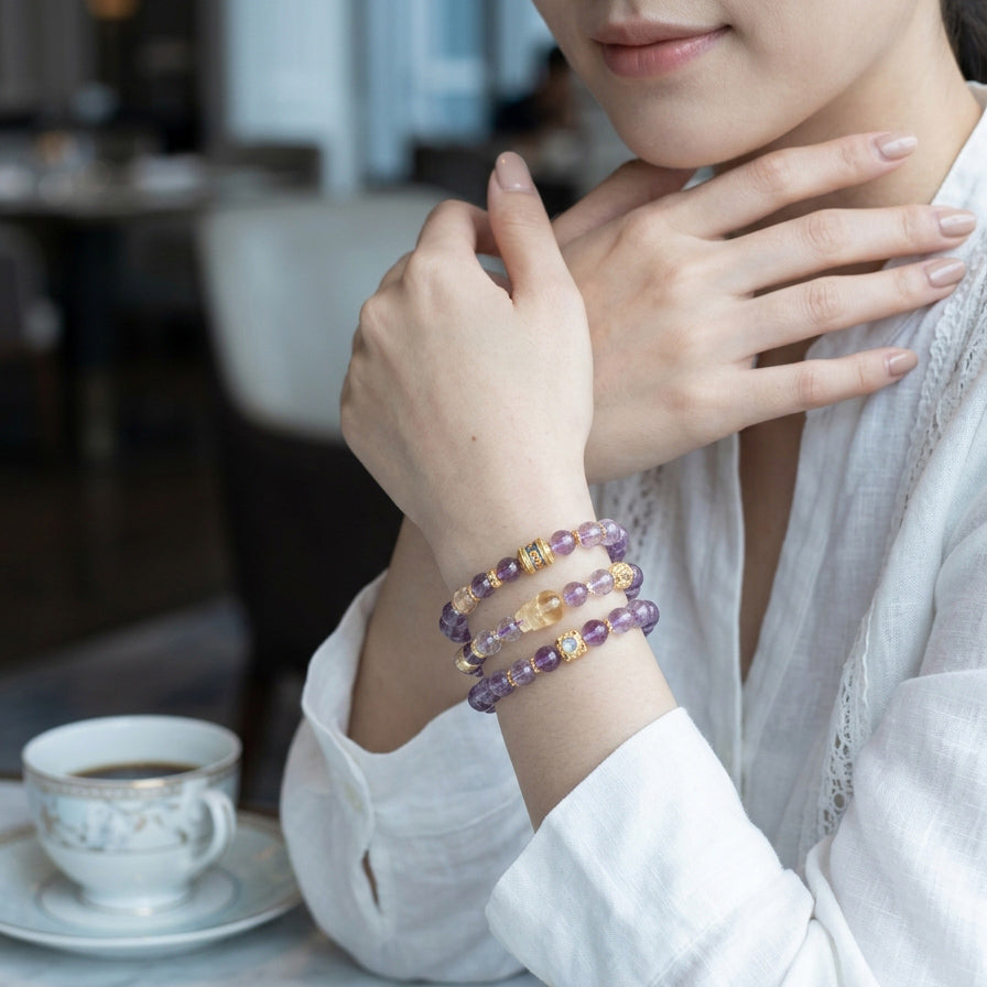 Z012 Aura Cleansing Amethyst Bracelet ✨ Healing Natural Stones for Anxiety Relief, Focus & Calm - Perfect for Cafe Dates & Slow Living