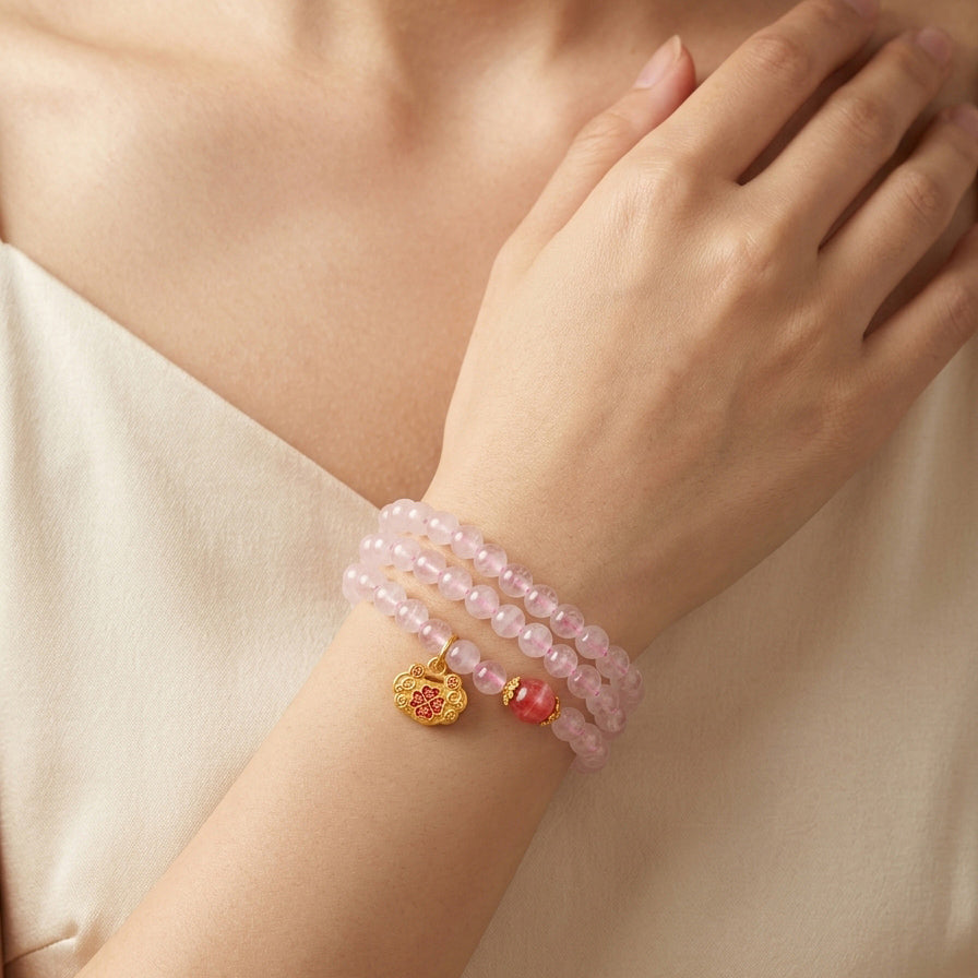 004 Healing Rose Quartz 3-Row Bracelet - Manifesting Love & Good Luck - Lotus Charm Gemstone Jewelry for Inner Peace - Natural Stone Manifestation Beads