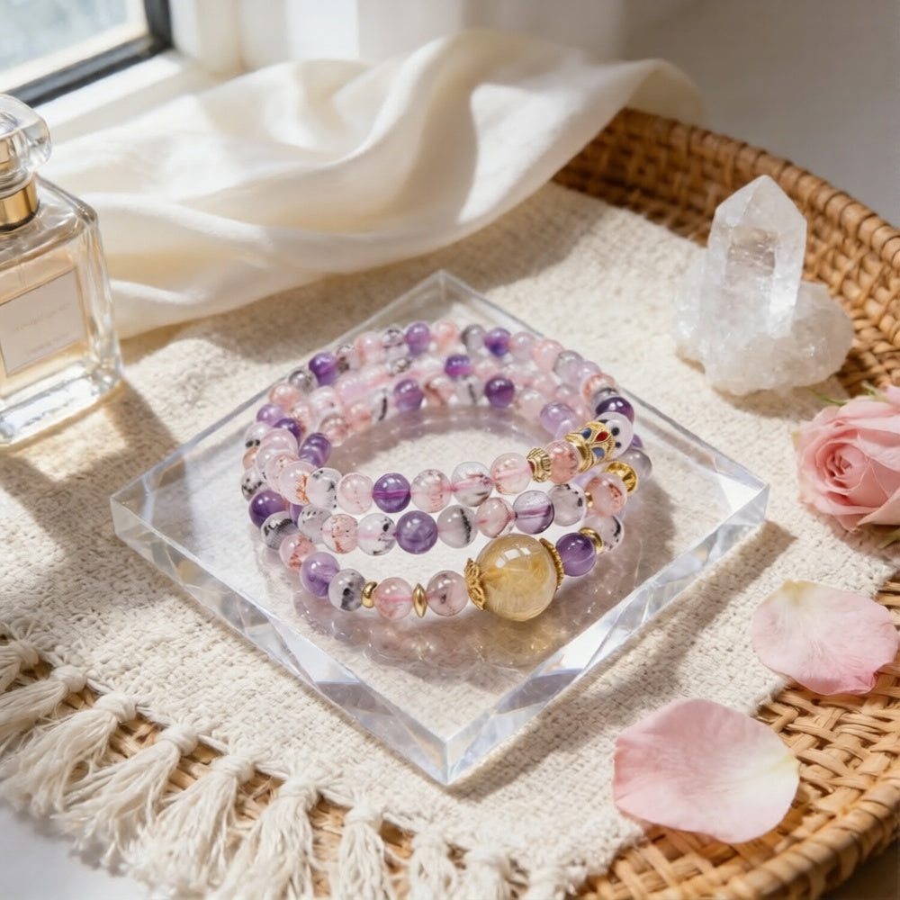 044 "Quiet Luxury" Natural Crystal Bracelet ✨ French Vintage Aesthetic for Positivity - Dainty Spiritual Manifestation Jewelry